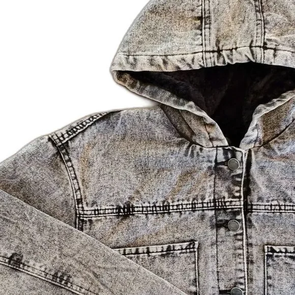 Ashley-Vintage Charm Women Cropped Denim Hoodie Jacket Faded Black L - Picture 4 of 8